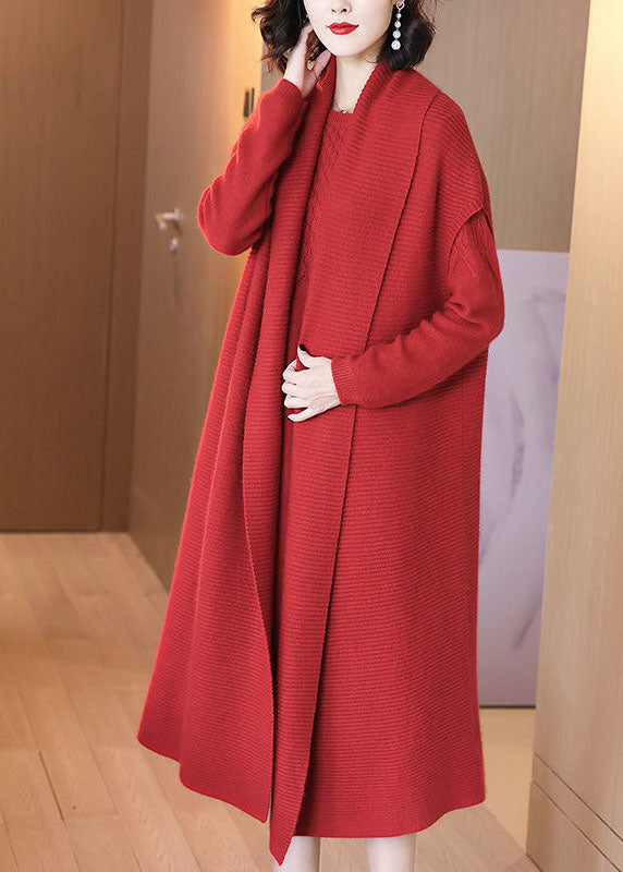 Elegant Red Solid Thick Knit Two Piece Set Women Clothing Winter