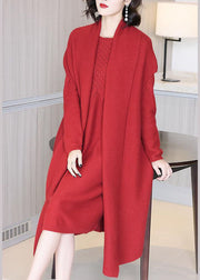 Elegant Red Solid Thick Knit Two Piece Set Women Clothing Winter