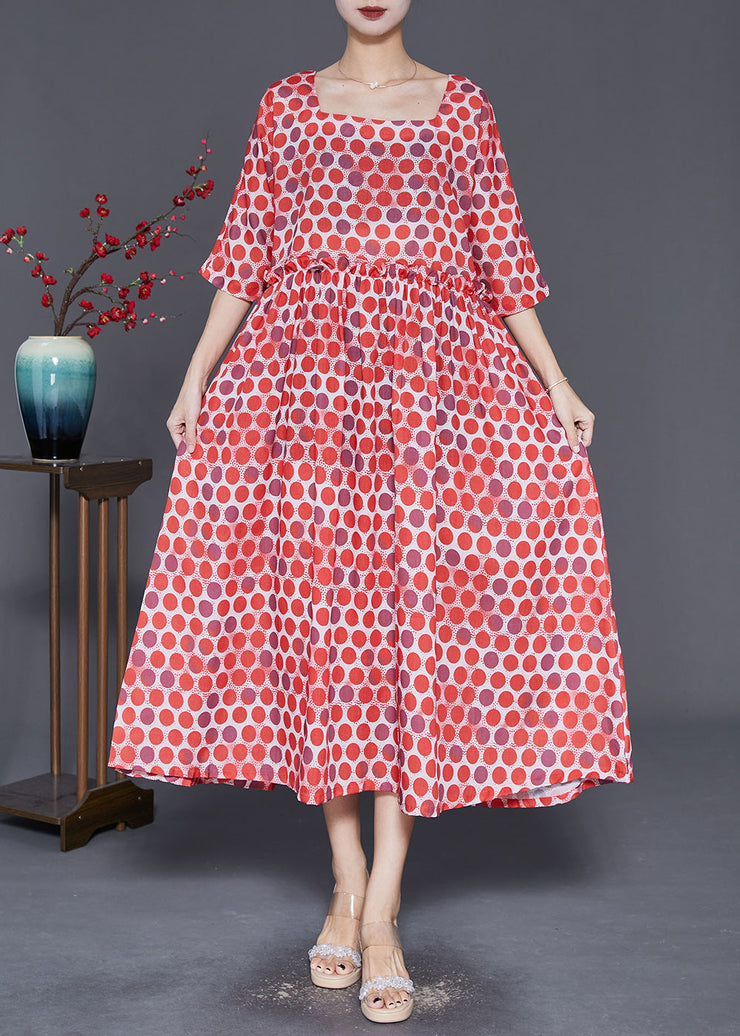 Elegant Red Square Collar Ruffled Print Robe Dresses Half Sleeve