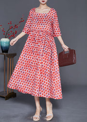 Elegant Red Square Collar Ruffled Print Robe Dresses Half Sleeve