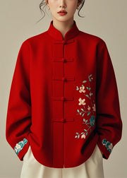 Elegant Red Stand Collar Print Cotton Coats Spring