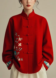 Elegant Red Stand Collar Print Cotton Coats Spring