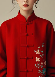 Elegant Red Stand Collar Print Cotton Coats Fall