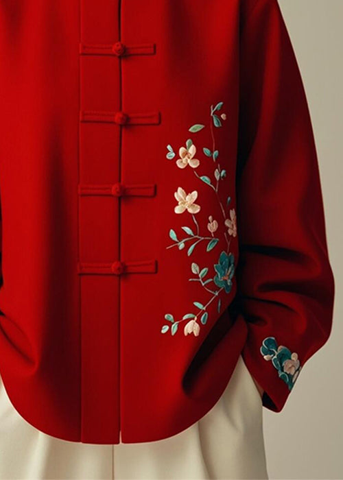 Elegant Red Stand Collar Print Cotton Coats Spring