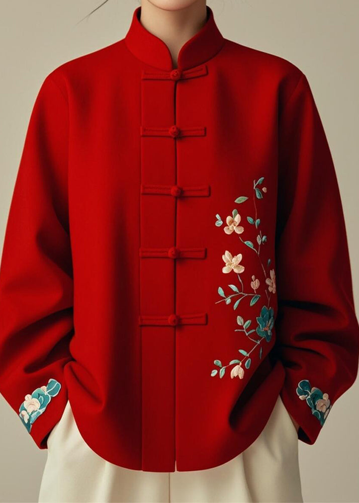 Elegant Red Stand Collar Print Cotton Coats Spring