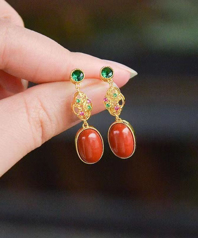 Elegant Red Sterling Silver Overgild Zircon Agate Drop Earrings