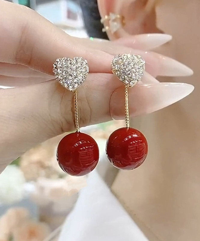 Elegant Red Sterling Silver Zircon Pearl Love Drop Earrings