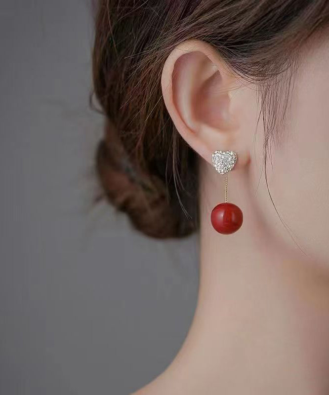 Elegant Red Sterling Silver Zircon Pearl Love Drop Earrings