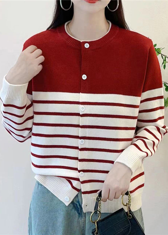 Elegant Red Striped Button Knit Cardigan Fall