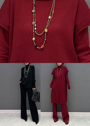 Elegant Red Turtleneck Knit Waistcoat And Pants Two Piece Set Winter