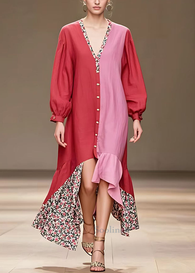 Elegant Red V Neck Button Print Cotton Dress Long Sleeve