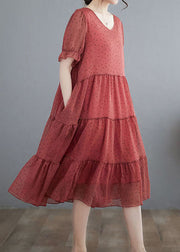 Elegant Red V Neck Dot Print Patchwork Chiffon Dresses Summer