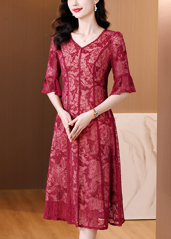 Elegant Red V Neck Embroidered Silk Dress Flare Sleeve