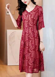 Elegant Red V Neck Embroidered Silk Dress Flare Sleeve