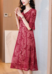 Elegant Red V Neck Embroidered Silk Dress Flare Sleeve