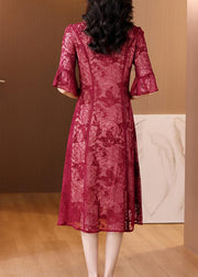 Elegant Red V Neck Embroidered Silk Dress Flare Sleeve