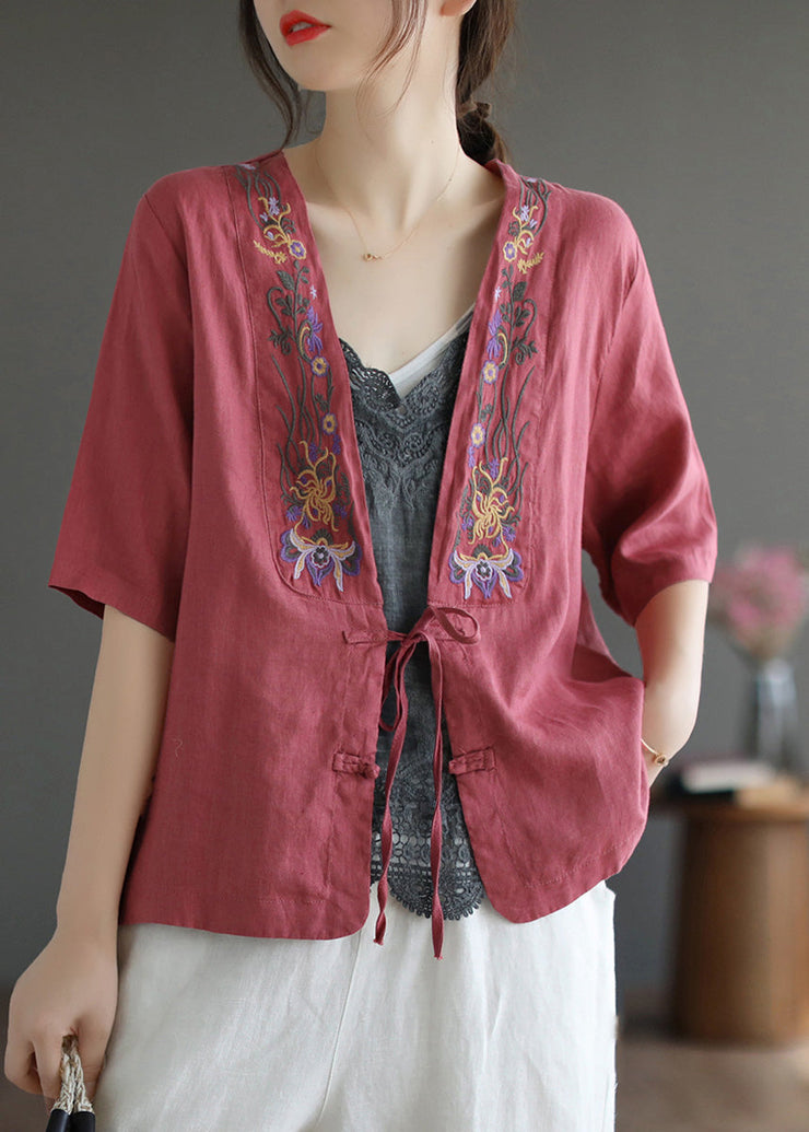 Elegant Red V Neck Embroideried Floral Tie Waist Linen Top Short Sleeve