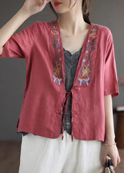 Elegant Red V Neck Embroidered Floral Tie Waist Linen Top Short Sleeve