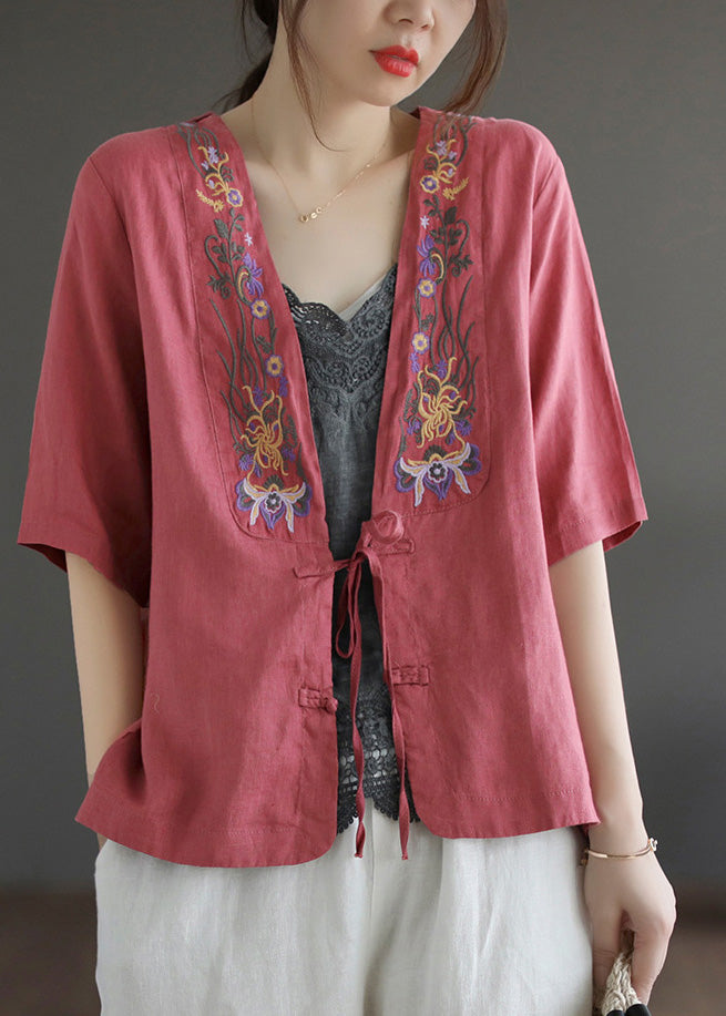 Elegant Red V Neck Embroidered Floral Tie Waist Linen Top Short Sleeve