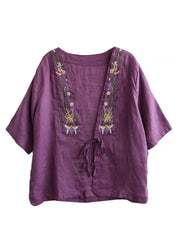 Elegant Red V Neck Embroidered Floral Tie Waist Linen Top Short Sleeve