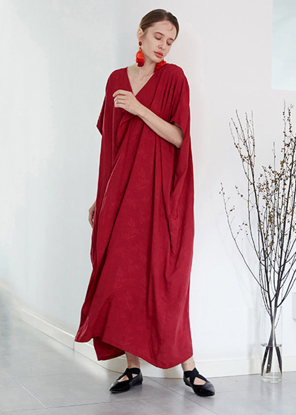 Elegant Red V Neck Jacquard Patchwork Cotton Robe Dresses Summer