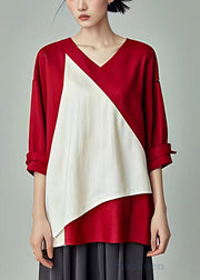 Elegant Red V Neck Patchwork Cotton T Shirt Bracelet Sleeve