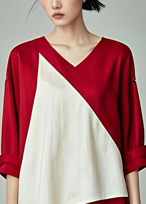 Elegant Red V Neck Patchwork Cotton T Shirt Bracelet Sleeve
