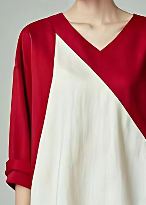 Elegant Red V Neck Patchwork Cotton T Shirt Bracelet Sleeve