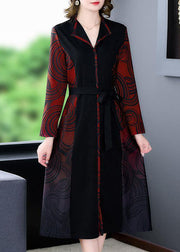 Elegant Red V Neck Patchwork Print Silk Cinch Dress Fall