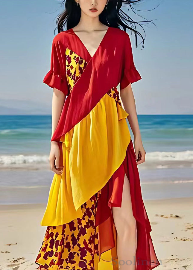 Elegant Red V Neck Print Side Open Cotton Dress Summer
