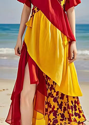 Elegant Red V Neck Print Side Open Cotton Dress Summer