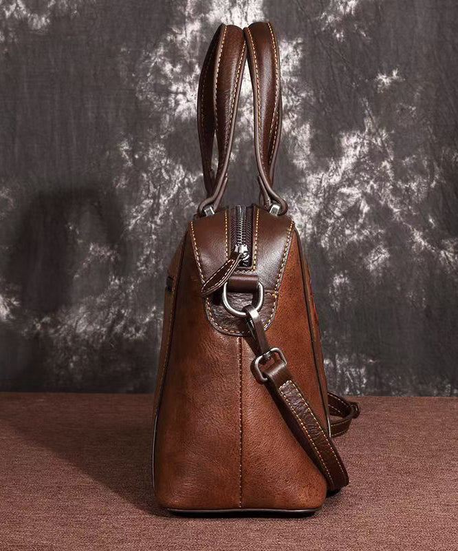 Elegant Retro Coffee Embossed Calf Leather Tote Handbag