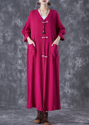 Elegant Rose Chinese Button Wrinkled Linen Long Cardigan Fall