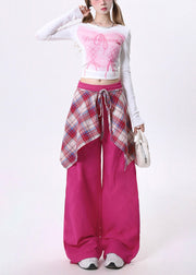 Elegant Rose Elastic Waist Patchwork Exra Large Hem Cotton Pants Spring