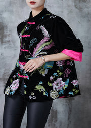 Elegant Rose Embroidered Silk Velvet Oriental Jacket Fall