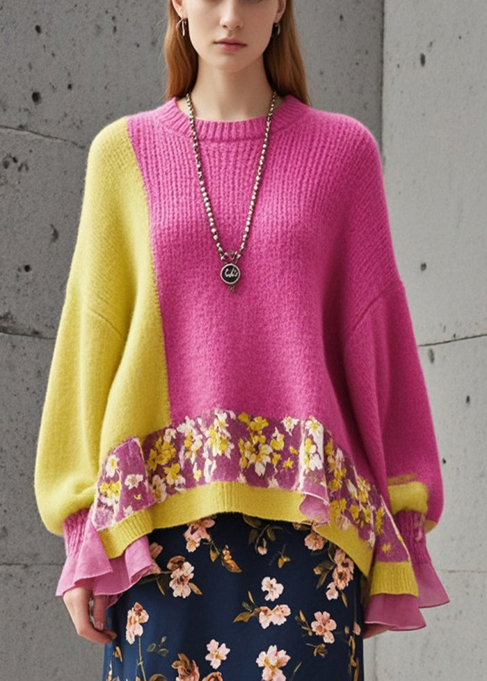 Elegant Rose Oversized Patchwork Cozy Knit Sweater Fall