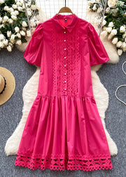 Elegant Rose Patchwork Lace Shirt Dress Lantern Sleeve