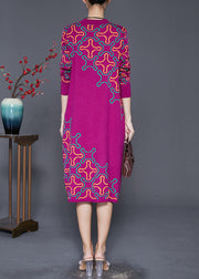 Elegant Rose Print Complimentary Scarf Knit Long Knit Dress Fall