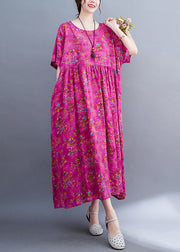 Elegant Rose Print Patchwork Cotton Cozy Long Dress Short Sleeve