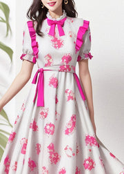 Elegant Rose Ruffled Print Patchwork Silk Dresses Summer
