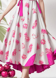 Elegant Rose Ruffled Print Patchwork Silk Dresses Summer