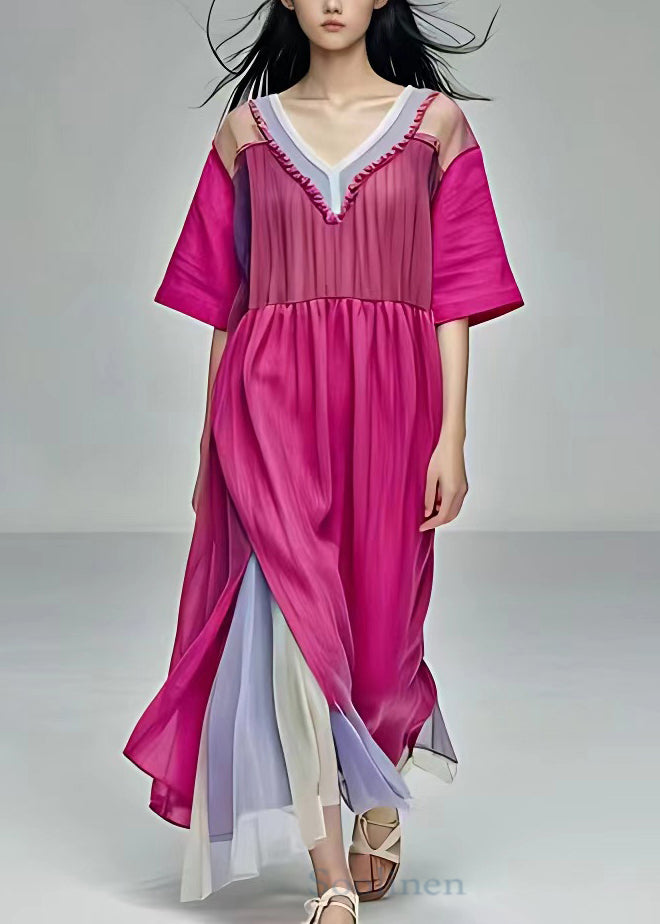 Elegant Rose Ruffled Side Open Patchwork Cotton Long Dresses Summer