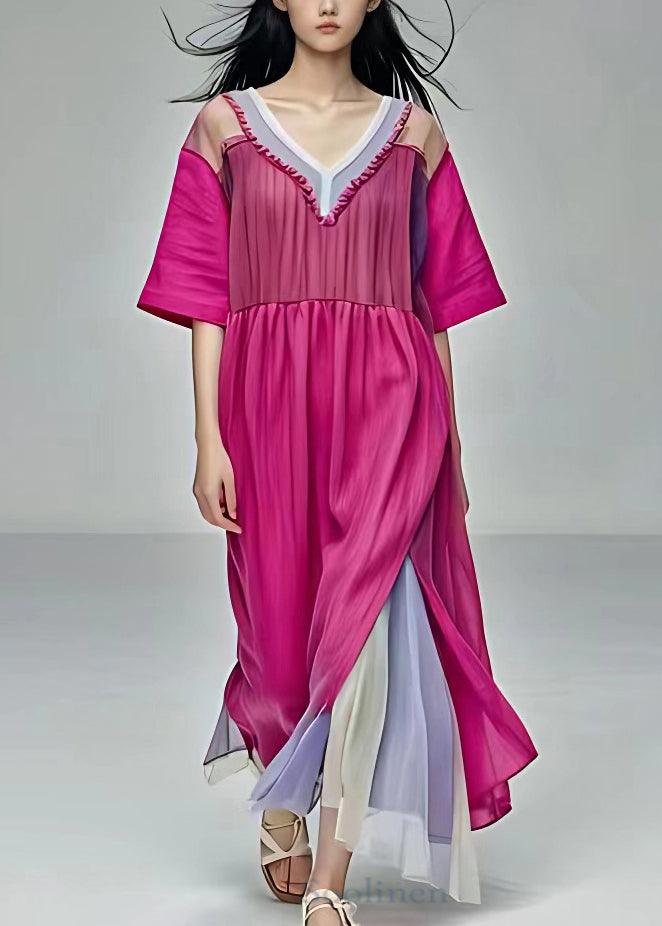 Elegant Rose Ruffled Side Open Patchwork Cotton Long Dresses Summer