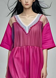 Elegant Rose Ruffled Side Open Patchwork Cotton Long Dresses Summer