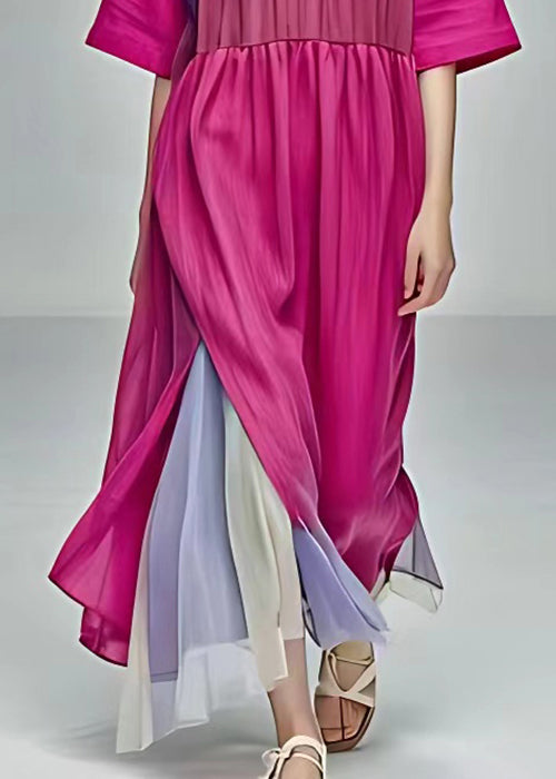 Elegant Rose Ruffled Side Open Patchwork Cotton Long Dresses Summer