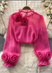 Elegant Rose Ruffled Solid Chiffon Tops Long Sleeve