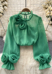 Elegant Rose Ruffled Solid Chiffon Tops Long Sleeve