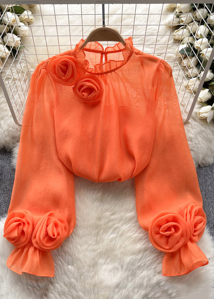 Elegant Rose Ruffled Solid Chiffon Tops Long Sleeve