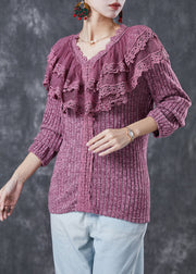 Elegant Rose Ruffles Patchwork Knit Sweater Winter