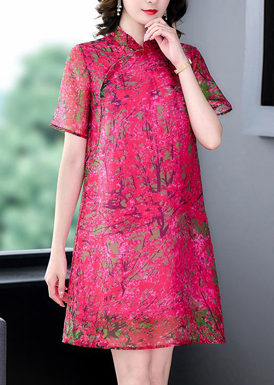 Elegant Rose Stand Collar Print Silk Mid Dress Summer
